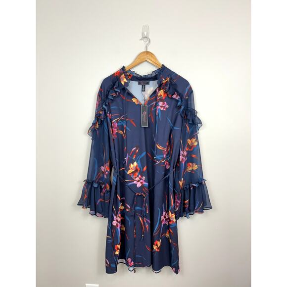 C Wonder Christian Siriano Mock Neck Ruffle Detail Dress 2X Blue Floral NWT - Picture 1 of 10